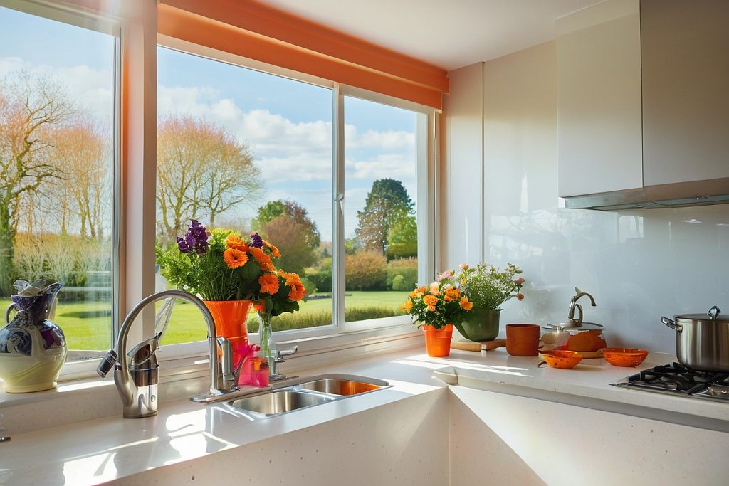 Kitchen casement window with an orange blind, overlooking a green garden.
