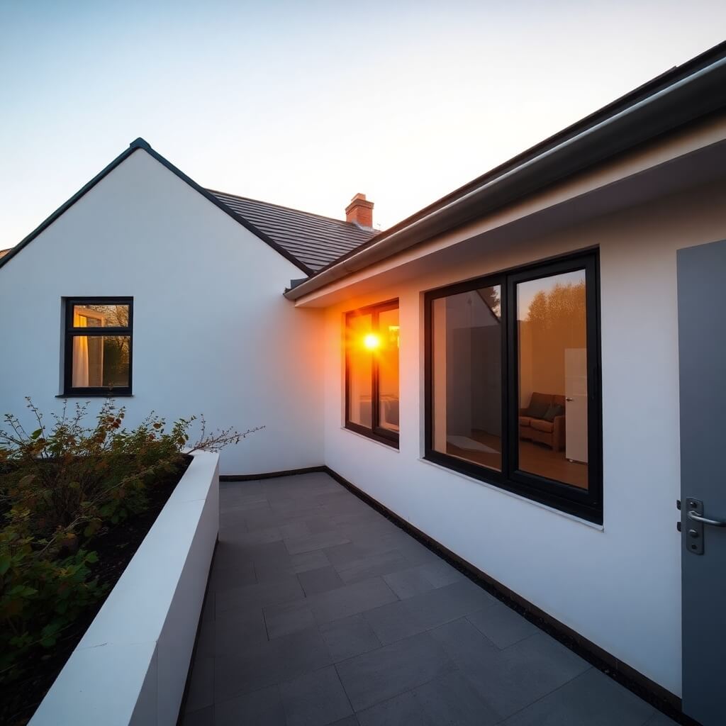 A modern Cheltenham bungalow with energy-efficient black-framed windows, a minimalist white exterior, and a landscaped garden, reflecting the golden hour sunlight.