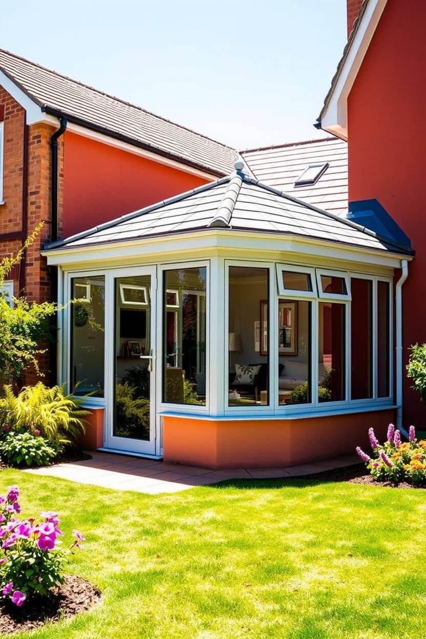 A newly built solid conservatory with a tiled roof and uPVC framing in a sunny garden in Gloucestershire, showcasing Albany Windows' quality craftsmanship.